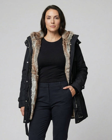 Wintermantel Damen Langer Gefütterter Parka mit Kunstfell-Kapuze