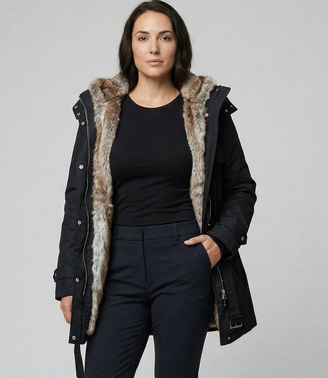 Wintermantel Damen Langer Gefütterter Parka mit Kunstfell-Kapuze