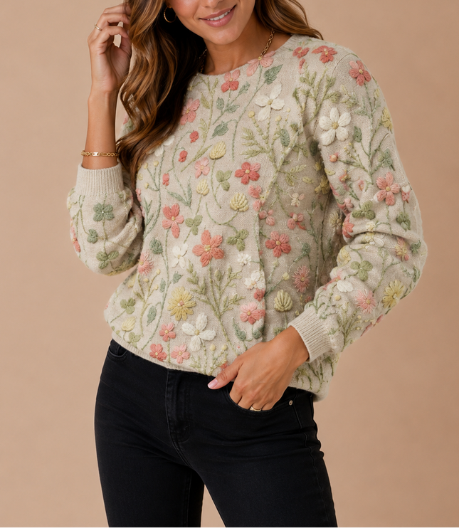 Women’s Floral Knit Sweater – Embroidered Flower Jumper