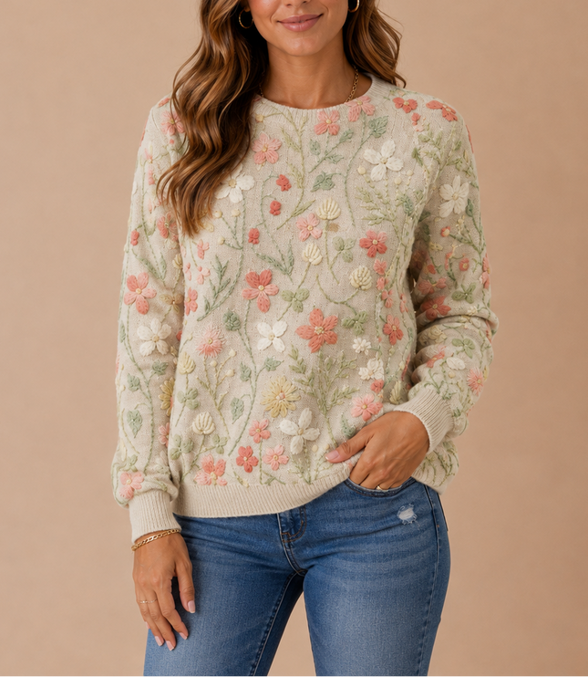 Women’s Floral Knit Sweater – Embroidered Flower Jumper