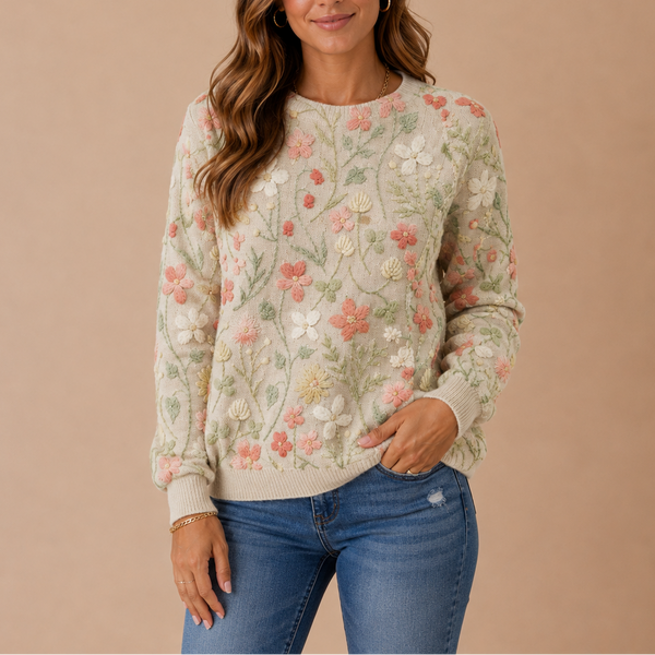 Women’s Floral Knit Sweater – Embroidered Flower Jumper