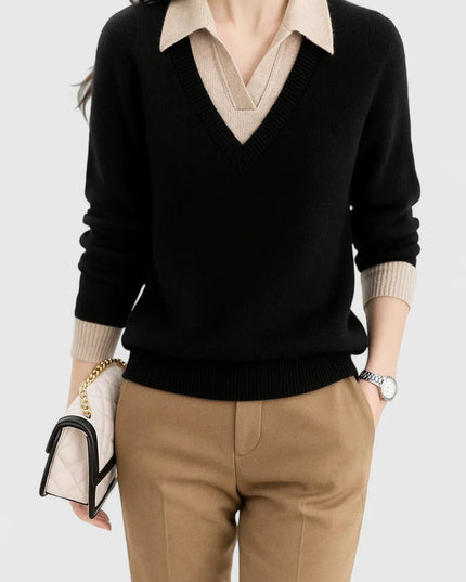 Women's V-Neck Polo Collar Knit Pullover Sweater - Black