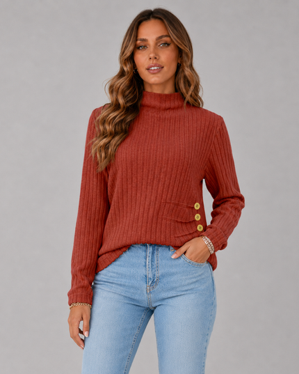 Ribbed Turtleneck Sweater with Side Button Detail