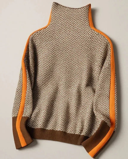 Damski Sweter Golf w Paski Kontrastowe Dzianinowy Luźny Krój