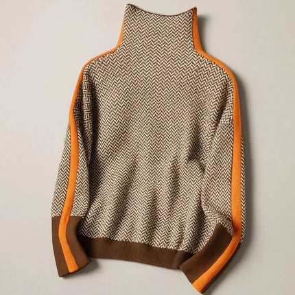 Damski Sweter Golf w Paski Kontrastowe Dzianinowy Luźny Krój