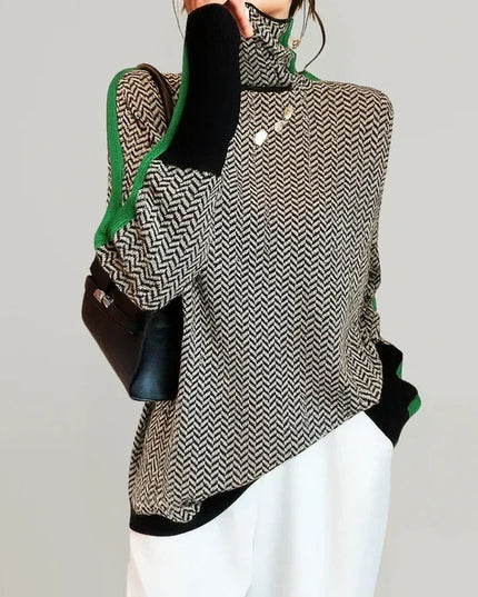 Damski Sweter Golf w Paski Kontrastowe Dzianinowy Luźny Krój