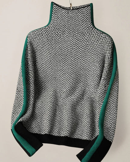 Damski Sweter Golf w Paski Kontrastowe Dzianinowy Luźny Krój