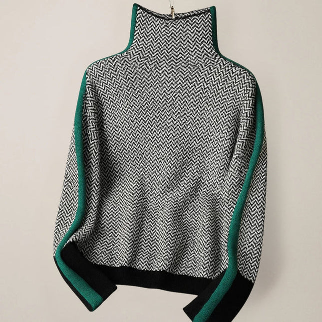 Damski Sweter Golf w Paski Kontrastowe Dzianinowy Luźny Krój