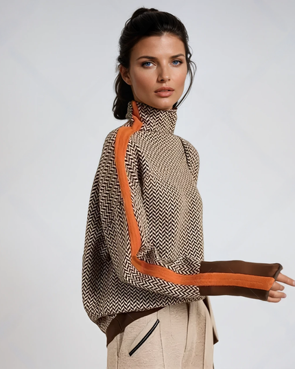 Damski Sweter Golf w Paski Kontrastowe Dzianinowy Luźny Krój