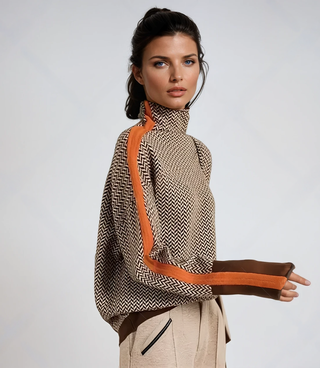 Damski Sweter Golf w Paski Kontrastowe Dzianinowy Luźny Krój