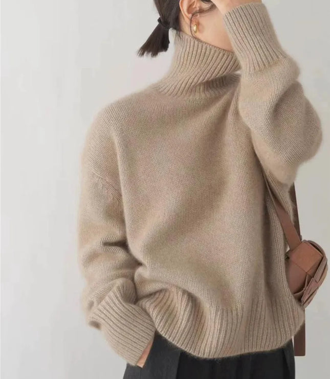 Elegant Women's Cashmere Turtleneck Sweater with High Collar