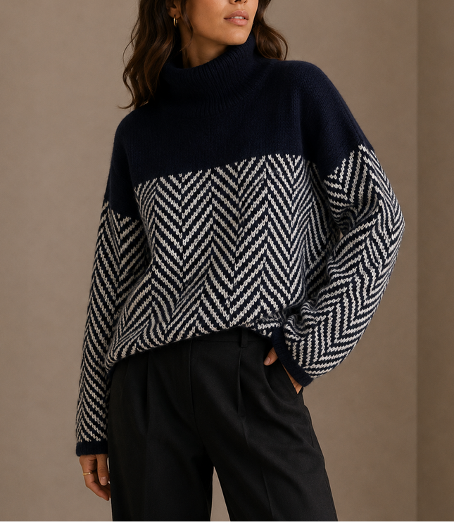 Women’s Herringbone Turtleneck Sweater – Oversized Winter Knit Jumper
