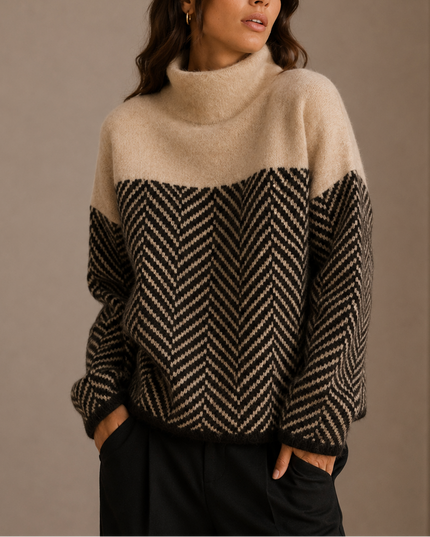 Women’s Herringbone Turtleneck Sweater – Oversized Winter Knit Jumper