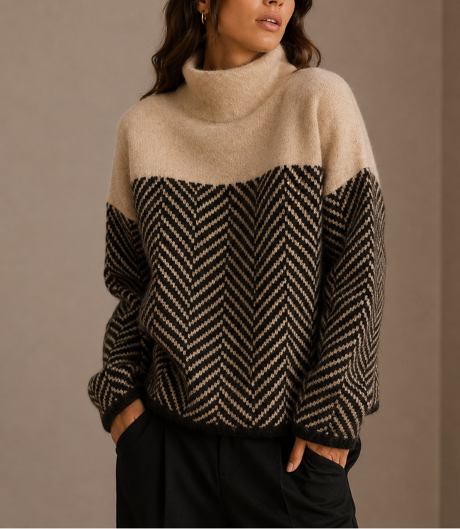 Women’s Herringbone Turtleneck Sweater – Oversized Winter Knit Jumper