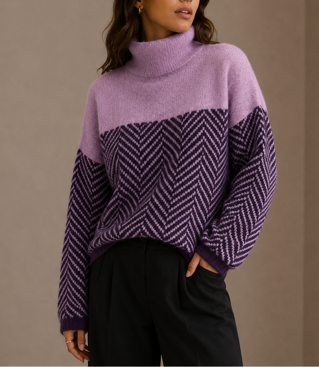 Women’s Herringbone Turtleneck Sweater – Oversized Winter Knit Jumper