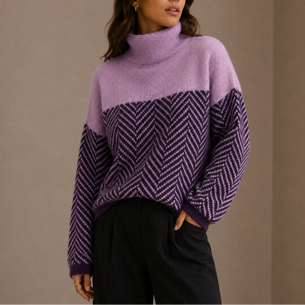 Women’s Herringbone Turtleneck Sweater – Oversized Winter Knit Jumper