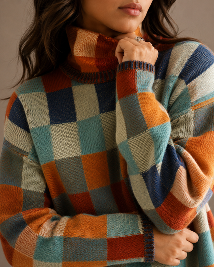 Women’s Checkered Turtleneck Sweater – Oversized Winter Knit Jumper