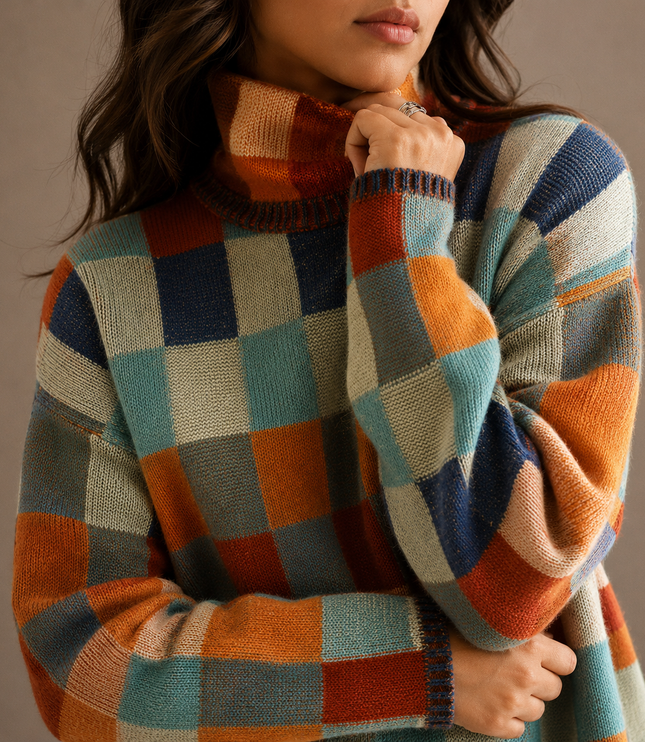 Women’s Checkered Turtleneck Sweater – Oversized Winter Knit Jumper