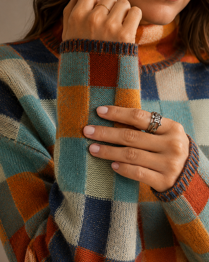 Women’s Checkered Turtleneck Sweater – Oversized Winter Knit Jumper