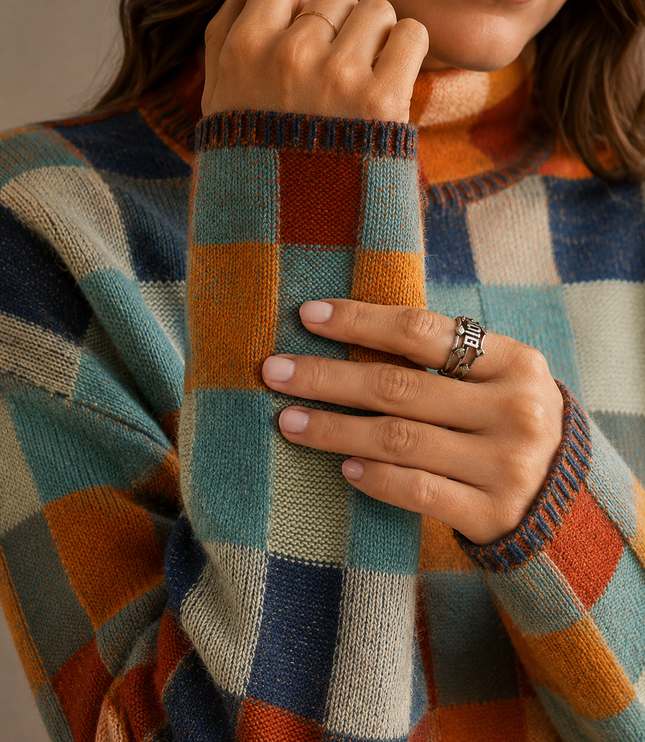 Women’s Checkered Turtleneck Sweater – Oversized Winter Knit Jumper