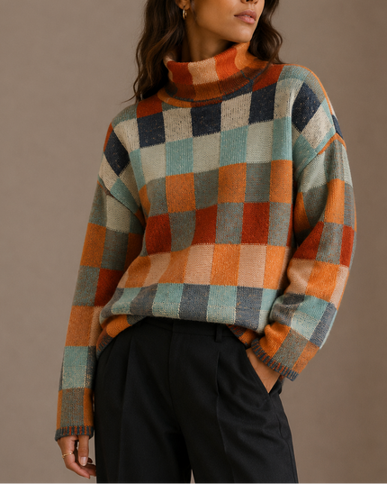 Women’s Checkered Turtleneck Sweater – Oversized Winter Knit Jumper