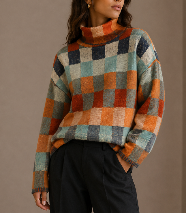 Women’s Checkered Turtleneck Sweater – Oversized Winter Knit Jumper