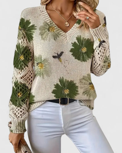 Damski Sweter w Kwiaty z Dekoltem w Serek Długi Rękaw Ciepły