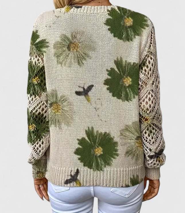 Damski Sweter w Kwiaty z Dekoltem w Serek Długi Rękaw Ciepły
