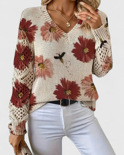 Damski Sweter w Kwiaty z Dekoltem w Serek Długi Rękaw Ciepły