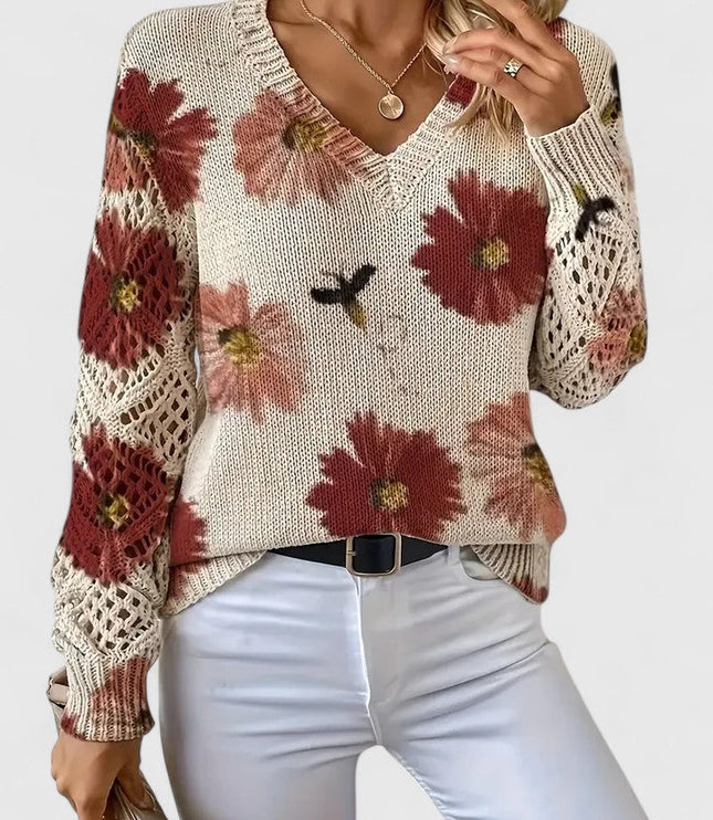 Damski Sweter w Kwiaty z Dekoltem w Serek Długi Rękaw Ciepły