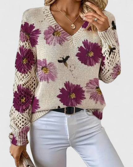 Damski Sweter w Kwiaty z Dekoltem w Serek Długi Rękaw Ciepły
