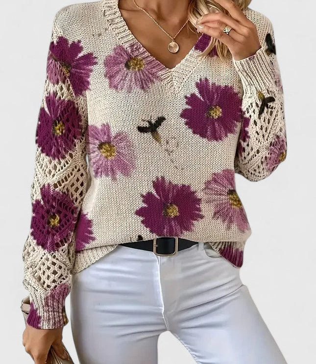 Damski Sweter w Kwiaty z Dekoltem w Serek Długi Rękaw Ciepły