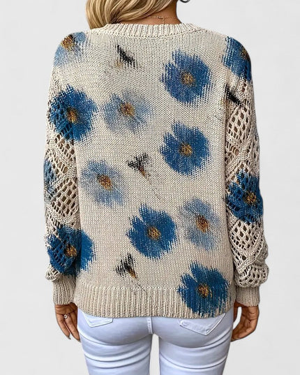 Damski Sweter w Kwiaty z Dekoltem w Serek Długi Rękaw Ciepły