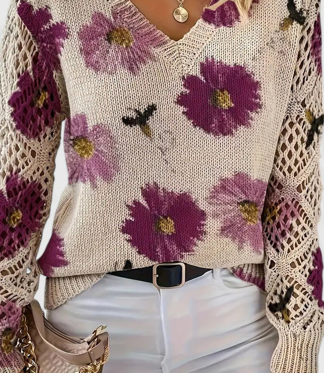 Damski Sweter w Kwiaty z Dekoltem w Serek Długi Rękaw Ciepły