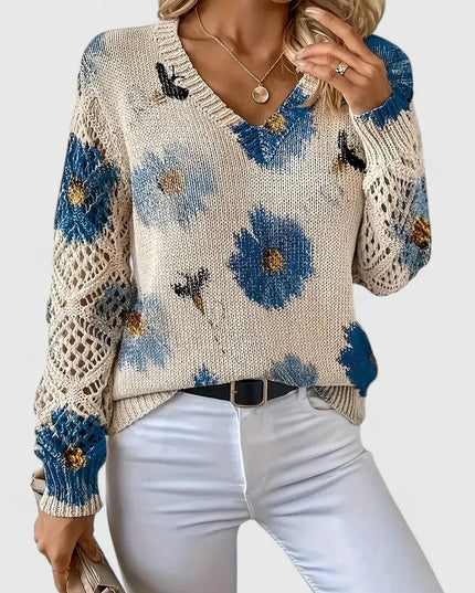 Damski Sweter w Kwiaty z Dekoltem w Serek Długi Rękaw Ciepły
