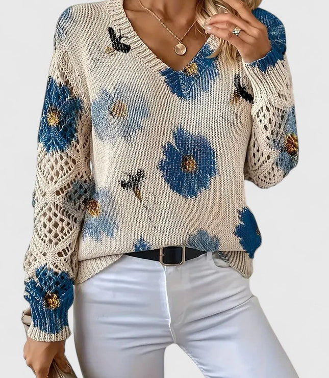 Damski Sweter w Kwiaty z Dekoltem w Serek Długi Rękaw Ciepły