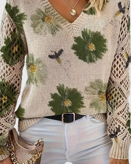 Damski Sweter w Kwiaty z Dekoltem w Serek Długi Rękaw Ciepły
