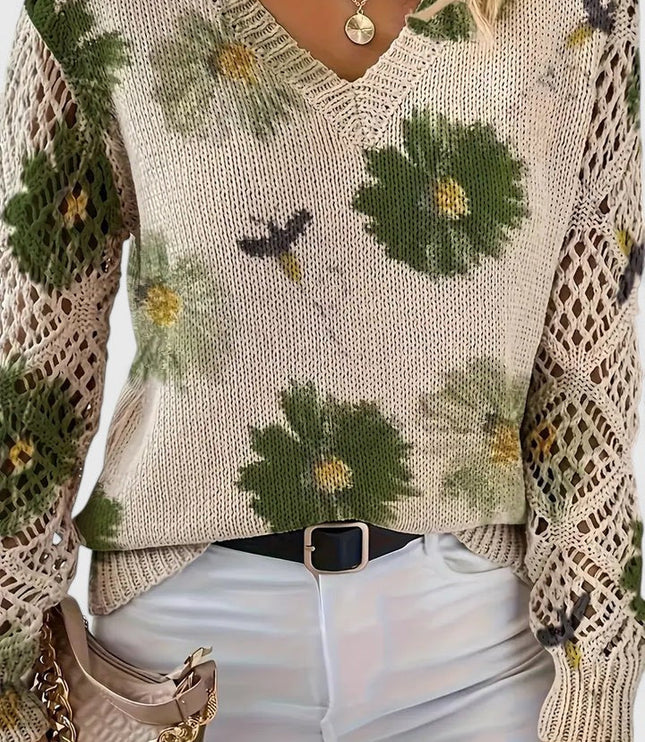 Damski Sweter w Kwiaty z Dekoltem w Serek Długi Rękaw Ciepły
