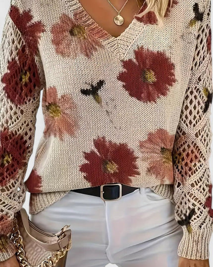Damski Sweter w Kwiaty z Dekoltem w Serek Długi Rękaw Ciepły