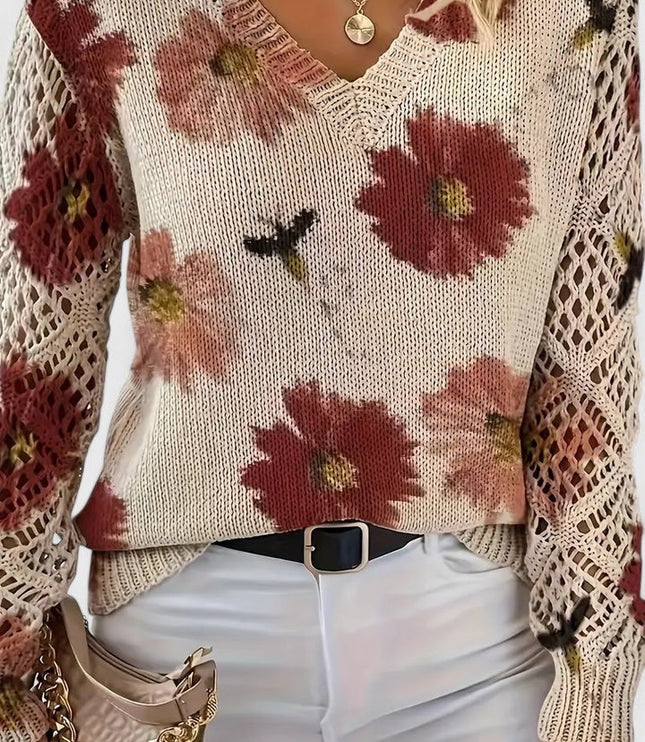Damski Sweter w Kwiaty z Dekoltem w Serek Długi Rękaw Ciepły