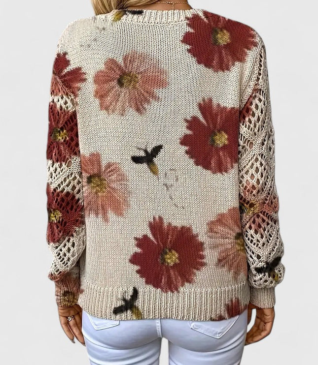 Damski Sweter w Kwiaty z Dekoltem w Serek Długi Rękaw Ciepły