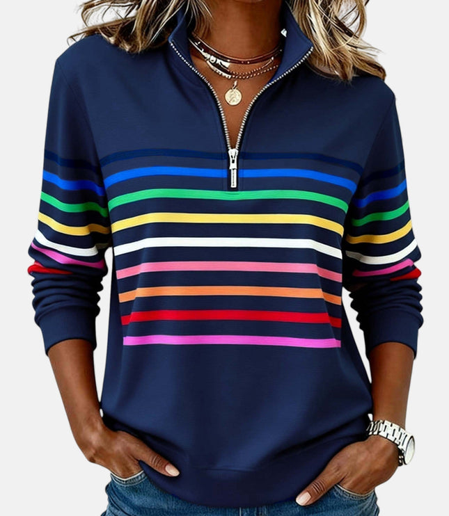 Damski Sweter w Paski z Zamkiem Luźna Bluza Dzianinowa Ciepła