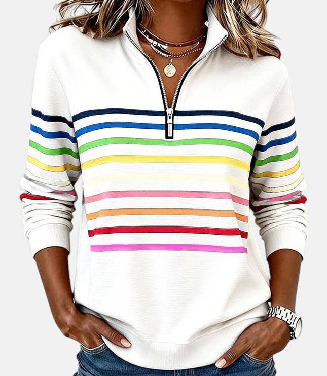 Damski Sweter w Paski z Zamkiem Luźna Bluza Dzianinowa Ciepła
