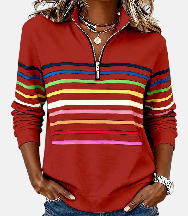Damski Sweter w Paski z Zamkiem Luźna Bluza Dzianinowa Ciepła