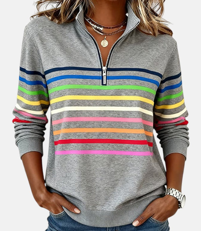 Damski Sweter w Paski z Zamkiem Luźna Bluza Dzianinowa Ciepła