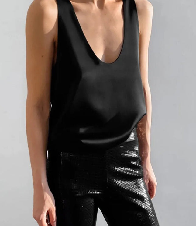 Damski Top bez Rękawów z Głębokim Dekoltem U Elegancki