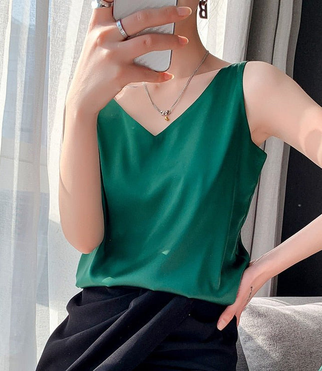 Damski Top bez Rękawów z Głębokim Dekoltem V Elegancki