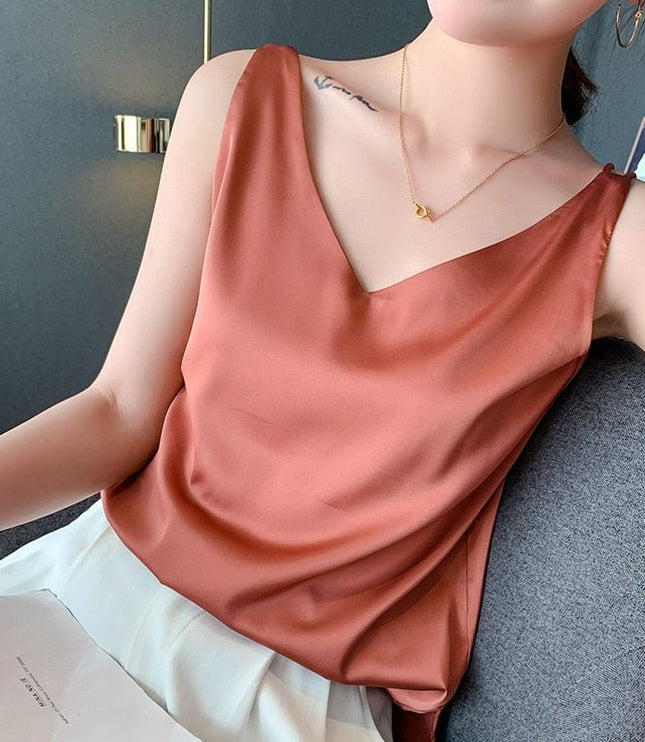 Damski Top bez Rękawów z Głębokim Dekoltem V Elegancki