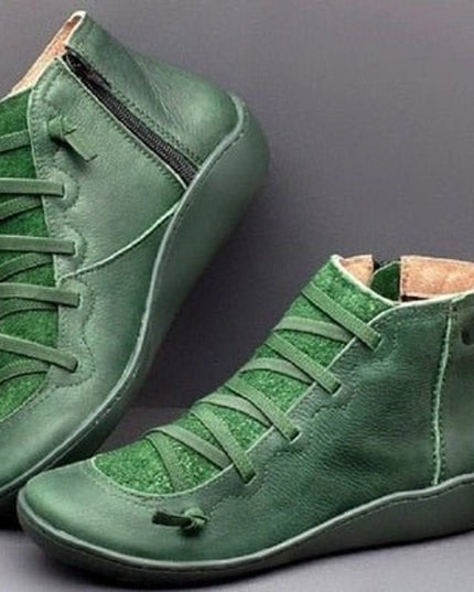 Stiefeletten Damen Kunstleder Schnürung Seitlichem Reißverschluss Knöchelhohe Boots - Grün