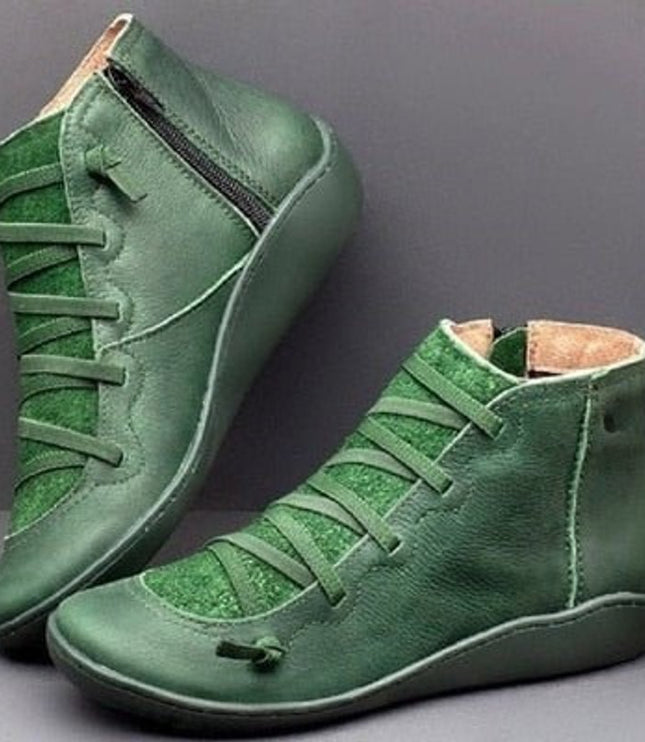 Stiefeletten Damen Kunstleder Schnürung Seitlichem Reißverschluss Knöchelhohe Boots - Grün